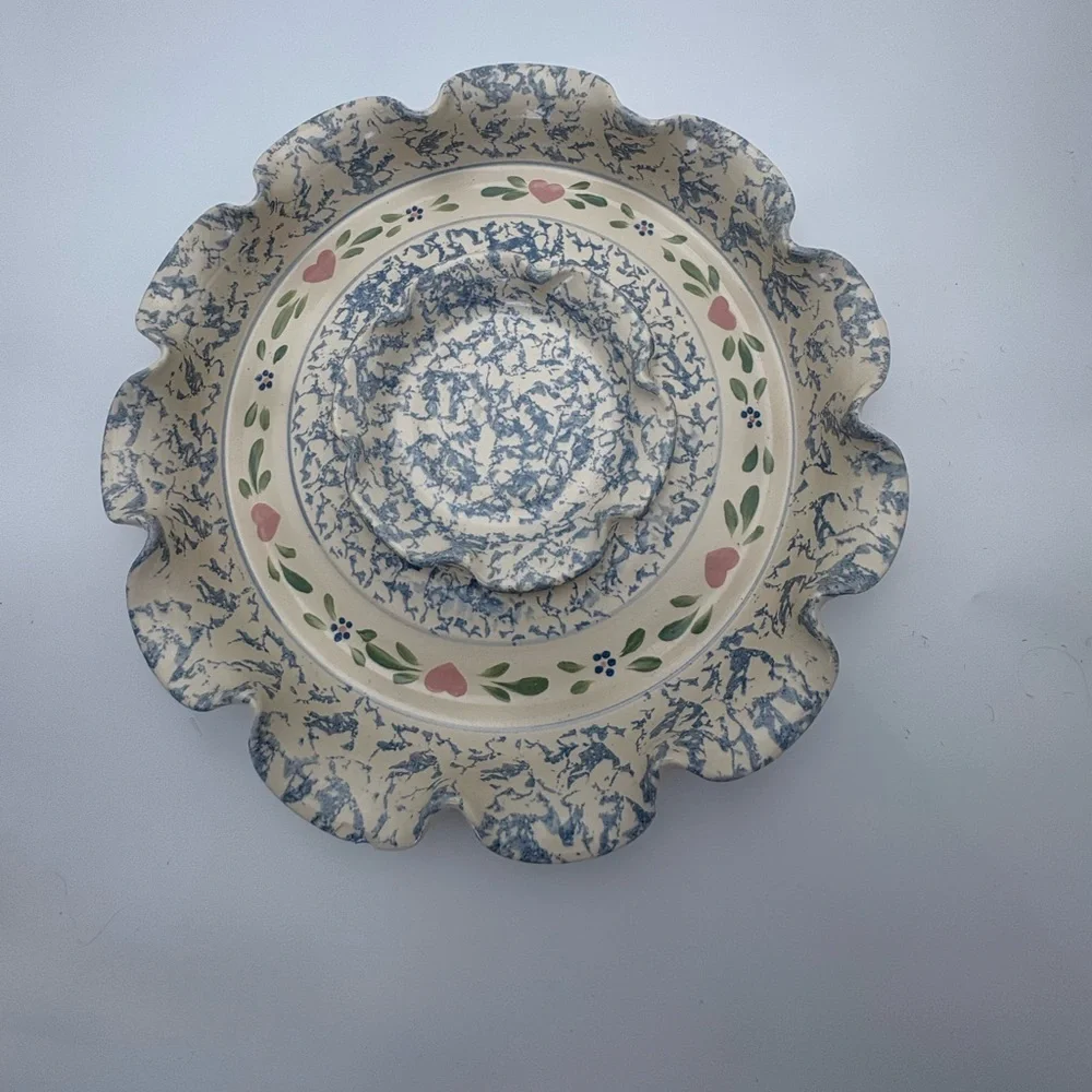 Vintage Floral Scalloped Pottery  Chip and Dip Platter with Hearts